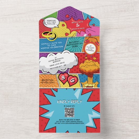Kleurrijke Comic Book Pop Art Bruiloft All In One Uitnodiging (Binnen)