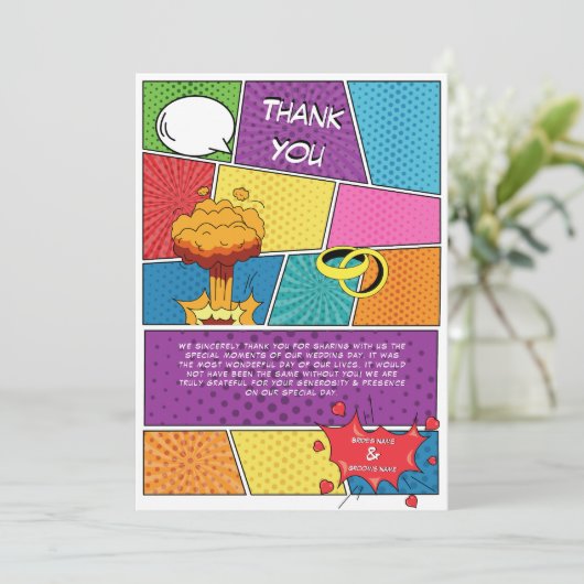 Kleurrijke Comic Book Pop Art Bruiloft Bedankkaart (Staand voorkant)