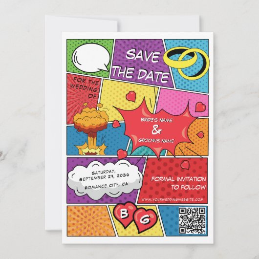 Kleurrijke Comic Book Pop Art Bruiloft QR Code Save The Date (Voorkant)