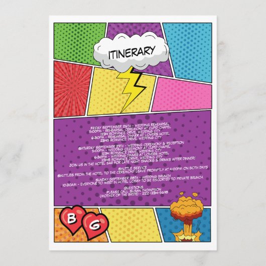 Kleurrijke Comic Book Pop Art Bruiloft Route Programmakaart (Achterkant)