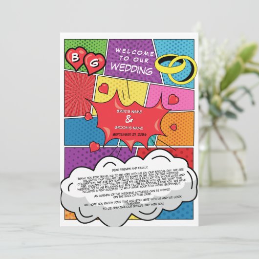 Kleurrijke Comic Book Pop Art Bruiloft Route Programmakaart (Staand voorkant)
