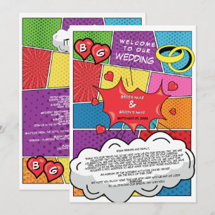 Kleurrijke Comic Book Pop Art Bruiloft Route Programmakaart