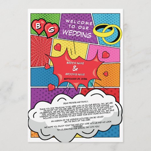 Kleurrijke Comic Book Pop Art Bruiloft Route Programmakaart (Voorkant)