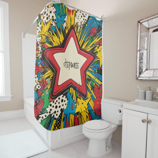 Kleurrijke Comic Pop Art Starburst Explosion Douchegordijn (In situ)