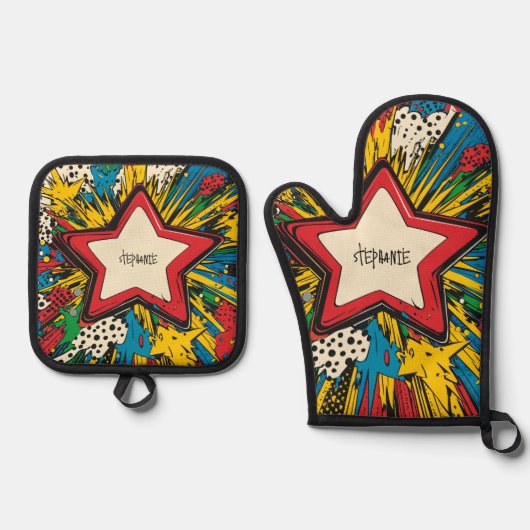 Kleurrijke Comic Pop Art Starburst Explosion Ovenwant & Pannenlap Set (Voorkant)