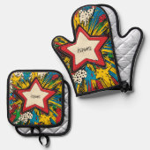 Kleurrijke Comic Pop Art Starburst Explosion Ovenwant & Pannenlap Set (Voorkant / Achterkant)