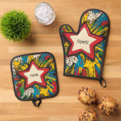 Kleurrijke Comic Pop Art Starburst Explosion Ovenwant & Pannenlap Set (Top down)