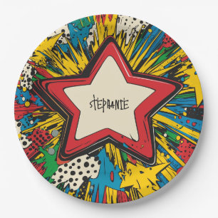 Kleurrijke Comic Pop Art Starburst Explosion Papieren Bordje