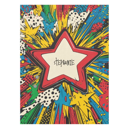 Kleurrijke Comic Pop Art Starburst Explosion Tafelkleed (Voorkant)
