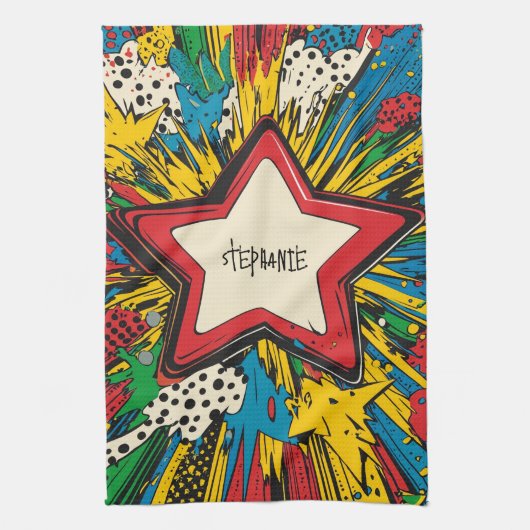 Kleurrijke Comic Pop Art Starburst Explosion Theedoek (Verticaal)