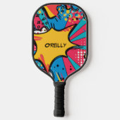 Kleurrijke Comic Style Blauw Rood Geel Monogram Pickleball Paddle (Achterkant)