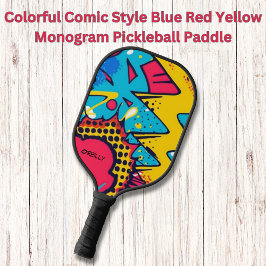 Kleurrijke Comic Style Blauw Rood Geel Monogram Pickleball Paddle