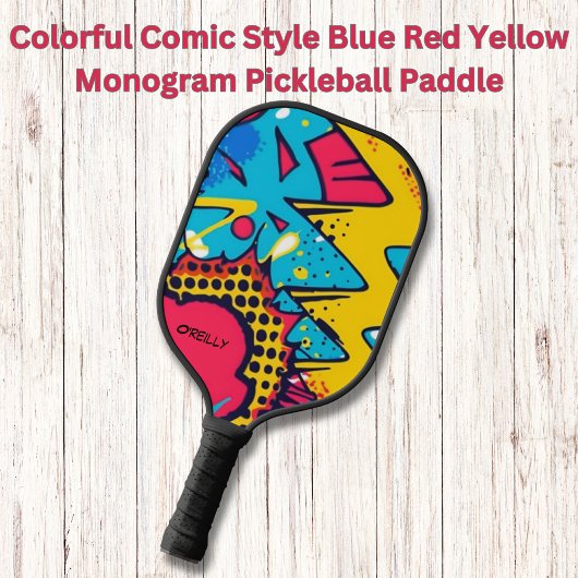 Kleurrijke Comic Style Blauw Rood Geel Monogram Pickleball Paddle