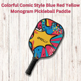 Kleurrijke Comic Style Blauw Rood Geel Monogram Pickleball Paddle