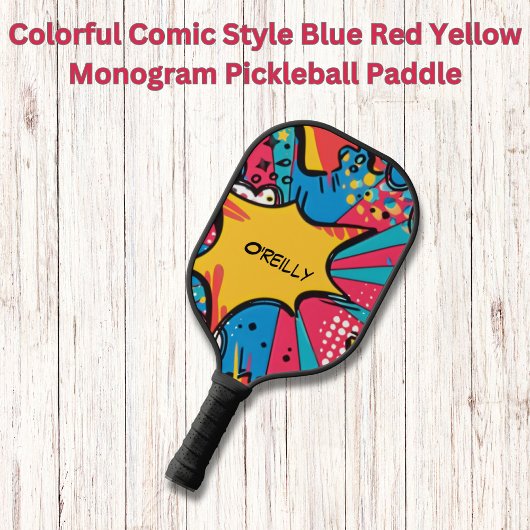 Kleurrijke Comic Style Blauw Rood Geel Monogram Pickleball Paddle