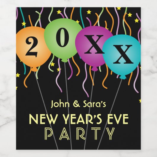 Kleurrijke Confetti & Ballonnen, Oudejaarsfeest Wijn Etiket (Enkel label)