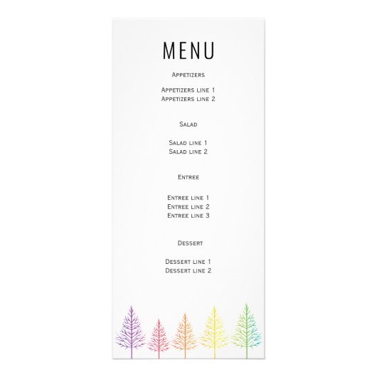 Kleurrijke confetti, bomen bruiloft menu kaart (Achterkant)