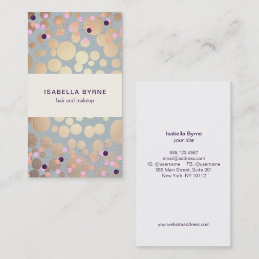 Kleurrijke Confetti en gouden cirkels er uitzien a Visitekaartje (Voorkant / Achterkant)