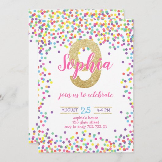 Kleurrijke Confetti Gold Nummer Meisje 9e Verjaard Kaart (Voorkant / Achterkant)