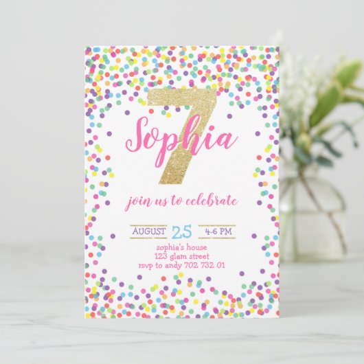 Kleurrijke Confetti Goud Nummer Meisje 7e Verjaard Kaart (Staand voorkant)