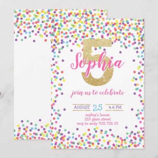 Kleurrijke Confetti Gouden Regenboog Meisje 5e Ver Kaart (Voorkant / Achterkant)