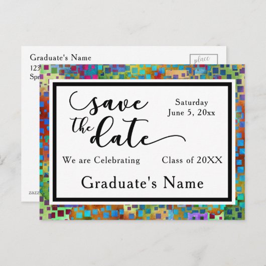 Kleurrijke Confetti Graphic Afstuderen Sla de datu Aankondigingskaart (Voorkant / Achterkant)