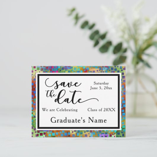 Kleurrijke Confetti Graphic Afstuderen Sla de datu Aankondigingskaart (Staand voorkant)