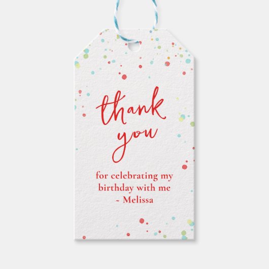 Kleurrijke Confetti grillige kalligrafie dank u Cadeaulabel (Voorkant)