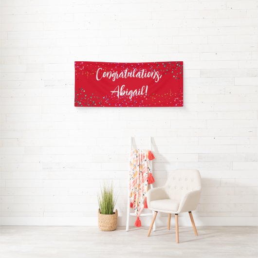 Kleurrijke Confetti handschrift gefeliciteerd rood Spandoek (Insitu)
