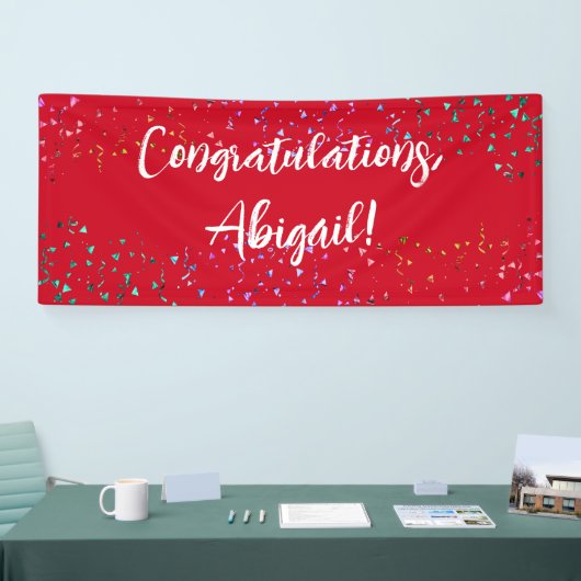 Kleurrijke Confetti handschrift gefeliciteerd rood Spandoek (Beurs)