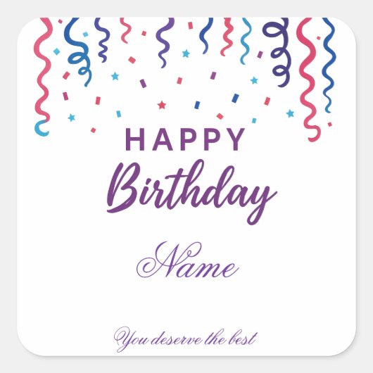 Kleurrijke Confetti Happy Birthday Vierkante Sticker (Voorkant)