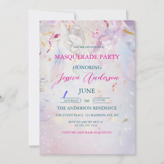 Kleurrijke Confetti Masquerade Party Verjaardag Kaart (Voorkant)