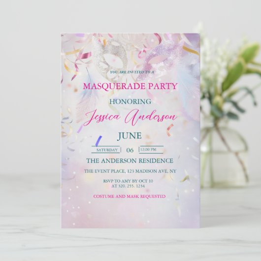 Kleurrijke Confetti Masquerade Party Verjaardag Kaart (Staand voorkant)