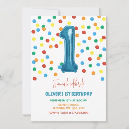 Kleurrijke Confetti One Balloon 1st Birthday Boy Kaart (Voorkant)