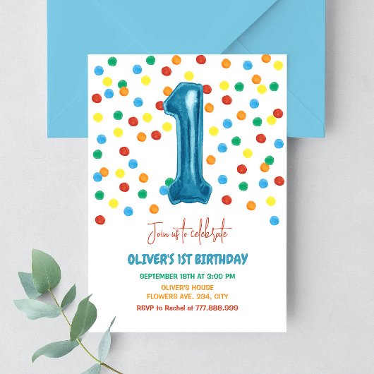 Kleurrijke Confetti One Balloon 1st Birthday Boy Kaart