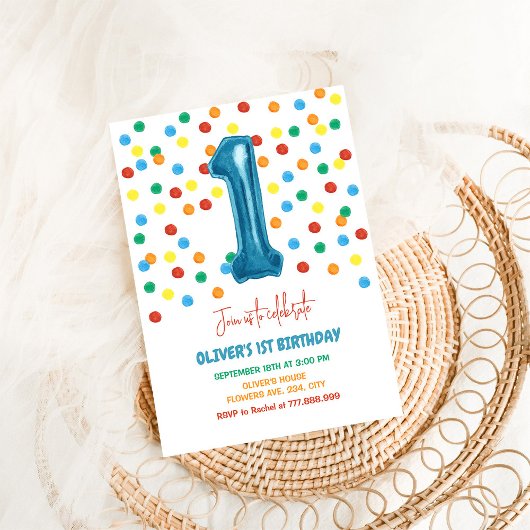 Kleurrijke Confetti One Balloon 1st Birthday Boy Kaart