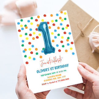 Kleurrijke Confetti One Balloon 1st Birthday Boy Kaart
