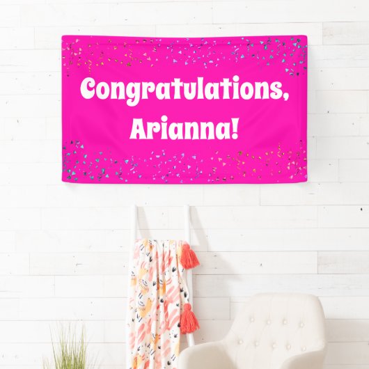 Kleurrijke Confetti op Hot Pink Gefeliciteerd Spandoek (Insitu)