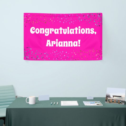 Kleurrijke Confetti op Hot Pink Gefeliciteerd Spandoek (Beurs)