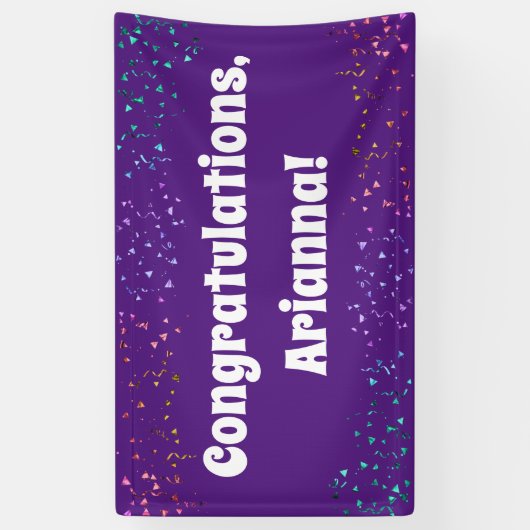 Kleurrijke Confetti op Paarse Gefeliciteerd Spandoek (Verticaal)