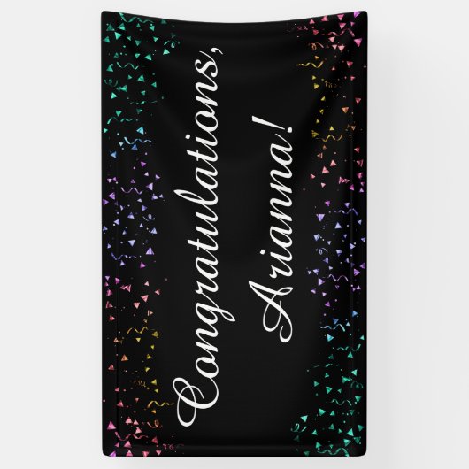 Kleurrijke Confetti op zwart Gefeliciteerd Elegant Spandoek (Verticaal)