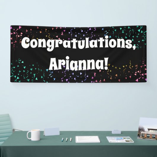 Kleurrijke Confetti op zwart Gefeliciteerd Spandoek (Beurs)