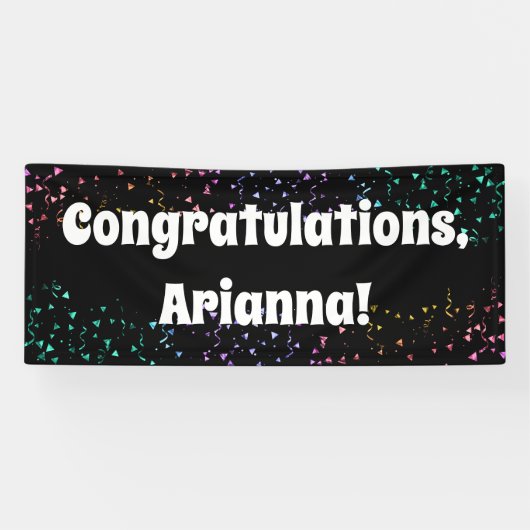 Kleurrijke Confetti op zwart Gefeliciteerd Spandoek (Horizontaal)