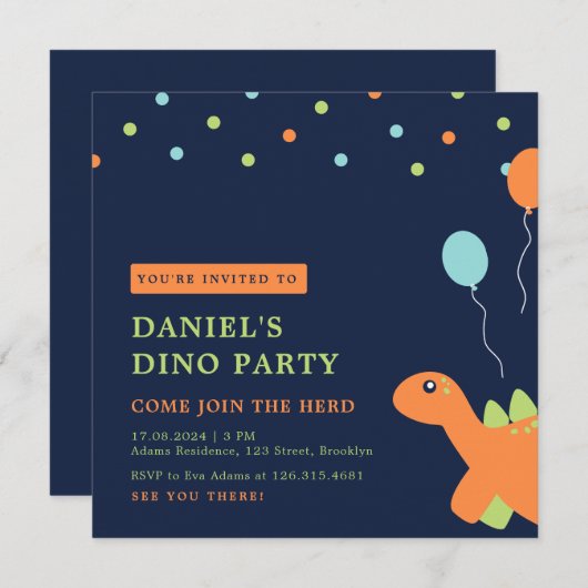 Kleurrijke Confetti Party Dinosaurus Verjaardag Kaart (Voorkant / Achterkant)