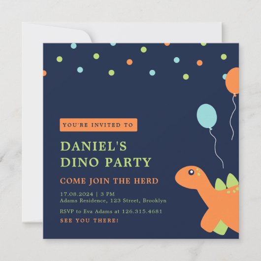Kleurrijke Confetti Party Dinosaurus Verjaardag Kaart (Voorkant)