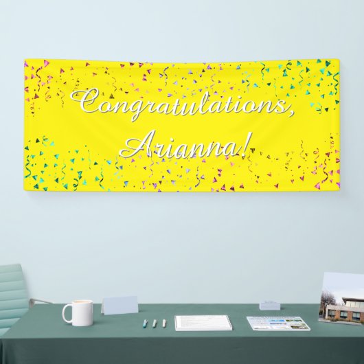 Kleurrijke Confetti Script Gefeliciteerd Geel Spandoek (Beurs)