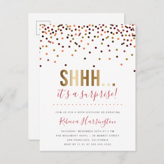 Kleurrijke Confetti Shhh... Het is een verrassings Uitnodiging Briefkaart (Voorkant / Achterkant)