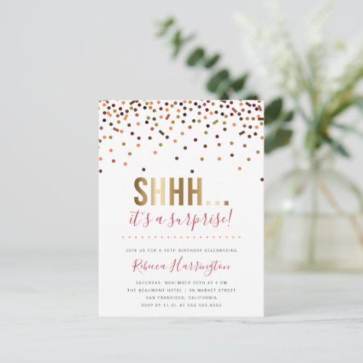 Kleurrijke Confetti Shhh... Het is een verrassings Uitnodiging Briefkaart (Staand voorkant)