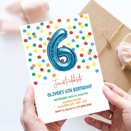 Kleurrijke Confetti Six Balloon 6th Birthday Boy Kaart