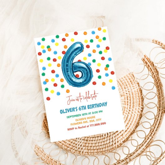Kleurrijke Confetti Six Balloon 6th Birthday Boy Kaart